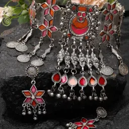 Moedbuille Handcrafted Meenakari Work Tasselled Afghan Design Oxidised Silver Plated Jewellery Set-image-91