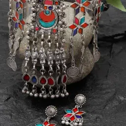 Moedbuille Handcrafted Meenakari Work Tasselled Afghan Design Oxidised Silver Plated Jewellery Set-picture-15