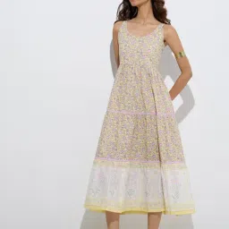 Bombay Paisley by Westside Yellow Floral Detailed Cotton Tiered Dress-picture-18