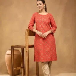 Fabindia Women Orange Floral Print Cotton Knee Length Kurta image 4