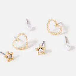 Accessorize London Heart Golden Stud Earrings (Set of 3 ) image 5