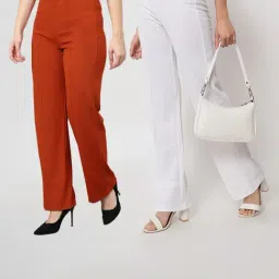 Kotty Brown & White Solid High rise Trousers (Pack Of 2)-picture-13