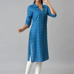 Aurelia Blue Cotton Chequered Straight Kurta image 4