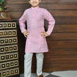 Ahhaaaa Kids Light Pink & White Embellished Full Sleeves Kurta With Pyjamas image 1