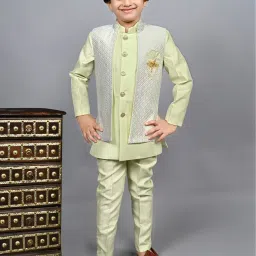 Ahhaaaa Kids Green Embellished Full Sleeves Sherwani, Jacket & Pyjamas image 1