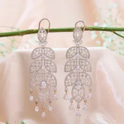 Fida Rose Gold Plated American Diamond Leaf Dangler Earrings-picture-11