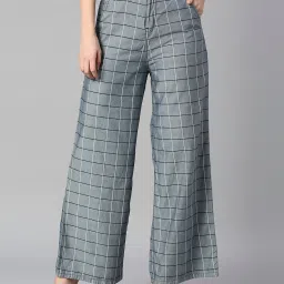 High Star Pewter Blue Check Flared Fit High Rise Trousers image 1