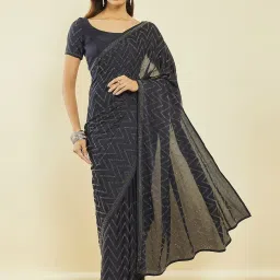 Soch Navy Blue Crepe Chevron All-Over Stone Embellished Saree image 1
