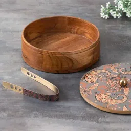 Nestroots Grey Wooden Casserole Box Chapati Box Food Warmer Hotpot Roti Box with Printed lid Tong image 2