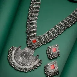 Moedbuille Handcrafted Meenakari Work Antique Filigree Design Silver Plated Tribal Jewellery Set-picture-28