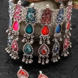 Moedbuille Handcrafted Meenakari Work Tasselled Afghan Design Silver Plated Floral Jewellery Set-picture-23