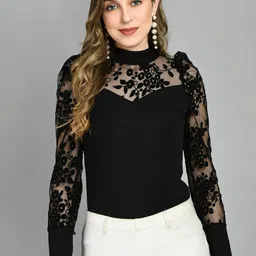 IUGA Self Design High Neck Puff Sleeves Top-image-12