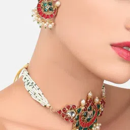Zaveri Pearls Pink & Green Meenakari Multistrand Pearls Choker Necklace & Earring Set-ZPFK10242-image-20