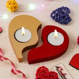 eCraftIndia Red & Golden Wooden Couple'S Heart Tea Light Candle Holders - Set of 4-picture-11