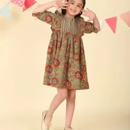 Fabindia Girls Mustard Cotton Kalamkari Printed Dress-image-84