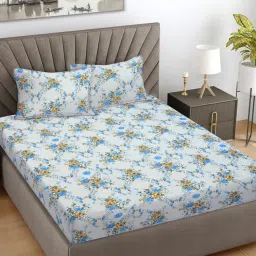 FABINALIV Blue Floral 100% Cotton Super King Size Double Bedsheet With 2 Pillow Covers-picture-19