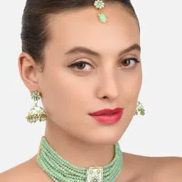 Zaveri Pearls Green White Meenakari Crystal Multistrand Necklace Earring & Maangtikka Set-ZPFK10275-image-68