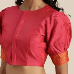 LADUSAA Yellow & Pink Woven Saree With Unstitched Blouse image 4