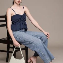 Label Ritu Kumar Navy Blue Cotton Blend Solid Short Top-picture-24