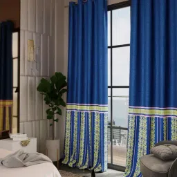 Stoa Paris Versailles Sateen Printed Blue 9 ft Long Door Curtains With Back Lining - Set of 2-image-68