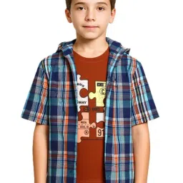 Cavio Boys Orange Cotton Chequered Comfort Fit Shirt with T-Shirt-image-28