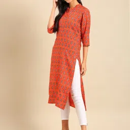 showoffff SHOWOFF Orange Floral Print Straight Kurta image 3