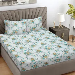 FABINALIV Turquoise Floral 100% Cotton Super King Size Double Bedsheet With 2 Pillow Covers-image-24