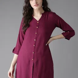 HERE&NOW Women Burgundy Solid Straight Kurta-picture-30