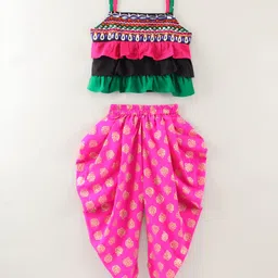 Twisha Sleeveless Mirror Work Detail Ruffled Top With Motif Design Dhoti - Pink-picture-10