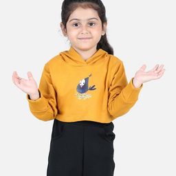 Aww Hunnie Full Sleeves Bird & Flower Placement Printed Hooded Sweatshirt - Mustard Yellow-picture-5