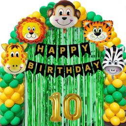 Bubble Trouble 2 Year Jungle Theme Birthday Decoration Kit Boys 37 Combo Animal Face Foil Balloon Birthday Backdrop Foil Curtain Jungle Theme Banner Items Pack of 88-  Green Yellow-picture-22