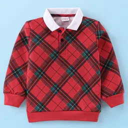 Babyhug Cotton Knit Full Sleeves Checkered Polo T-Shirt - Red-image-89