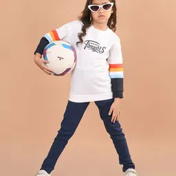 Lilpicks Couture Full Sleeves Think Happy Thoughts Graphic Text Printed Sweatshirt With Leggings Set - Navy Blue & White-image-61