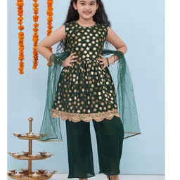 AJ Dezines Sleeveless Motif Foil Printed & Lace Embellished Kurta Pant & Dupatta Set - Dark Green-picture-11