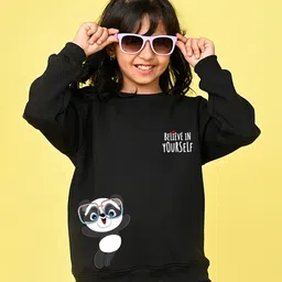 NUSYL Fleece Full Sleeves Believe In Yourself Text & Panda Printed Oversized Sweatshirt - Black-image-9