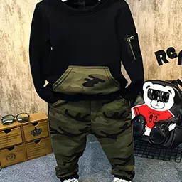 Googo Gaaga Cotton Full Sleeves Sweatshirt With Camouflage Printed Joggers Set - Black & Green-picture-33