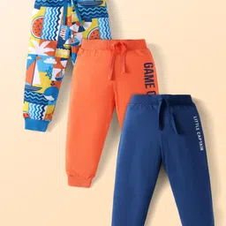 Babyhug Single Jersey Knit Full Length LoungePants with Beach Theme Print Pack of 3 - Navy & Orange-picture-17