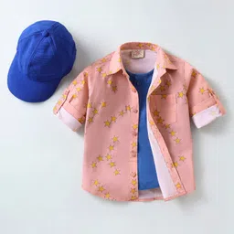Rikidoos Full Sleeves Stars Printed Shirt With Attached Tee & Cap - Peach & Blue-picture-11