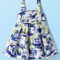 Babyhug Rayon Woven Sleeveless Beach Theme Printed Frock with Smocking - White-image-52