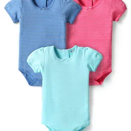 kookie kids india Kookie Kids Interlock Knit Half Sleeves Polka Dot Printed Onesies Pack of 3 - Light Blue Pink & Blue-picture-15