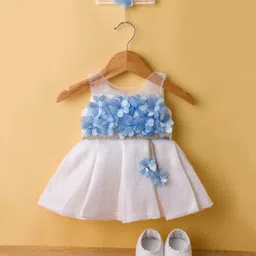 Enfance Sleeveless Floral Applique Detailed Knee Length Pleated Dress With Headband & Booties Set - Peacock Blue-picture-36