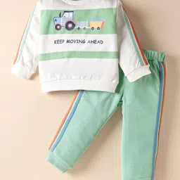 ToffyHouse Interlock Knit Full Sleeves T-Shirt & Lounge Pant Set with Tractor Print & Tape Detailing - Sea Green-image-39