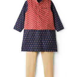 Exclusive from Jaipur Cotton Woven Full Sleeves Kurta Pajama & Jacket Set With Floral Print - Navy Blue & Red-image-87