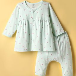Zero Sinker Knit Full Sleeves Front Open Floral Printed Co-Ords Night Suit - Sea Green-picture-33
