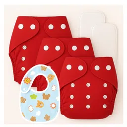 Sparkle Joy Free Size Reusable Cloth Diaper With Insert Pad 3 Pcs Diaper With 2 Pcs Insert 1 Pcs Feeding Bib- Red-picture-23