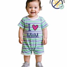 COCOON ORGANICS 100% Cotton Knit Half Sleeves I Love Mom Text Printed Striped Anti Microbial Romper - Green & Lilac-picture-23