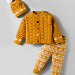 Yellow Apple Knit Full Sleeves Front Open Sweater Set with Cap & Cable Knit Design - Mustard-picture-20