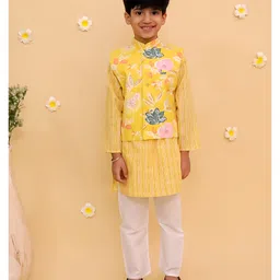 The Mom Store Cotton Knit Full Sleeves Kurta & Pyjama With Floral Printed Jacket Set - Multi Colour image 1