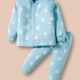 Teddy Fleece Knit Full Sleeves Winter Wear Night Suit With Floral Print - Light Blue-picture-17