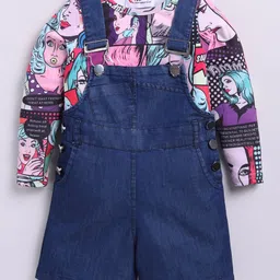 M'andy Denim Woven Comic Style Girls Printed Jumpsuit With Full Sleeves Tee - Multi Colour-picture-15